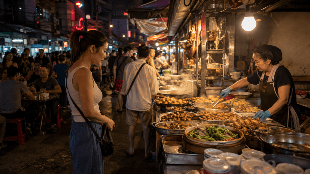 Traveler choosing street food from a busy stall in Bangkok Chinatown at night