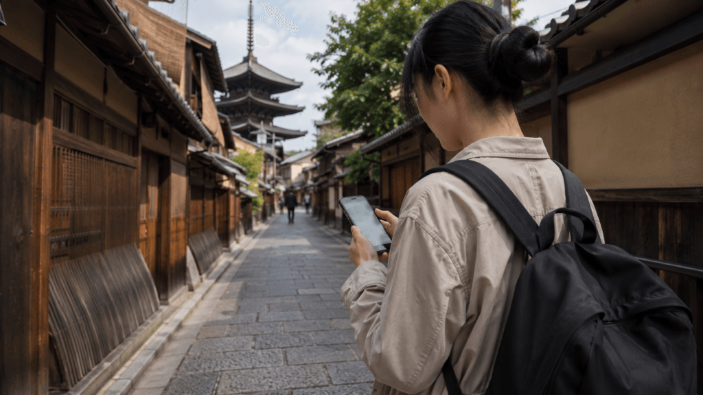 Traveler using a smartphone for directions on a traditional street in Kyoto