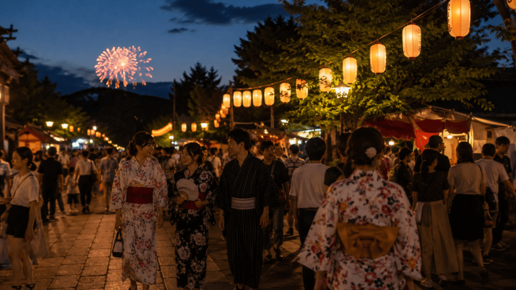 Japanese summer festival with yukata, lanterns and fireworks