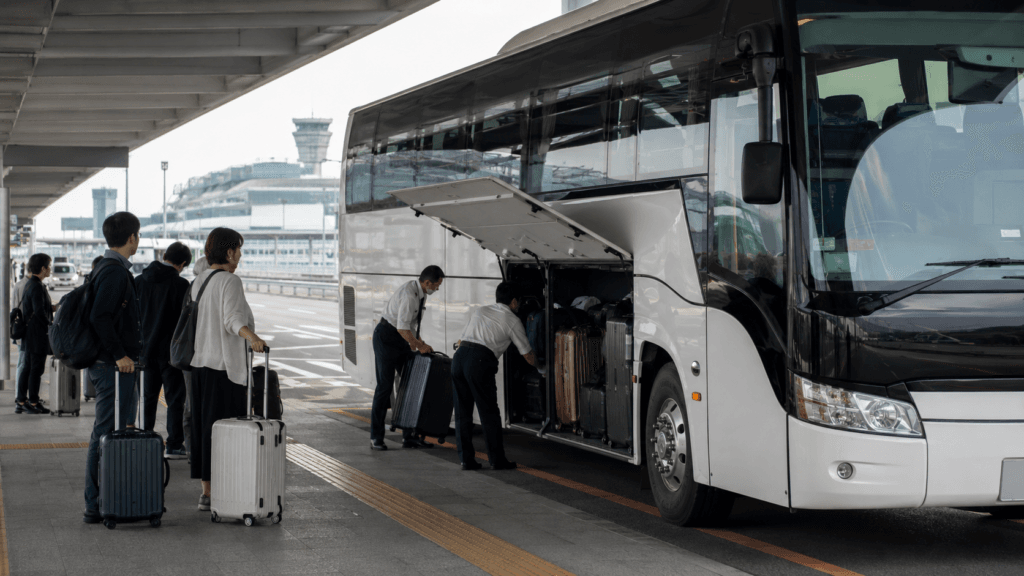 Staff loading passenger luggage onto a bus at Narita Airport