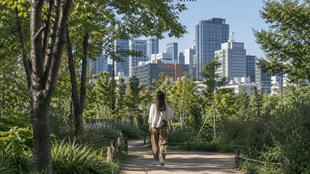Traveler walking through Seoul Forest with Seongsu buildings in the background