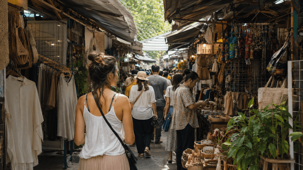 Traveler browsing clothing and handmade goods at Chatuchak Weekend Market in Bangkok