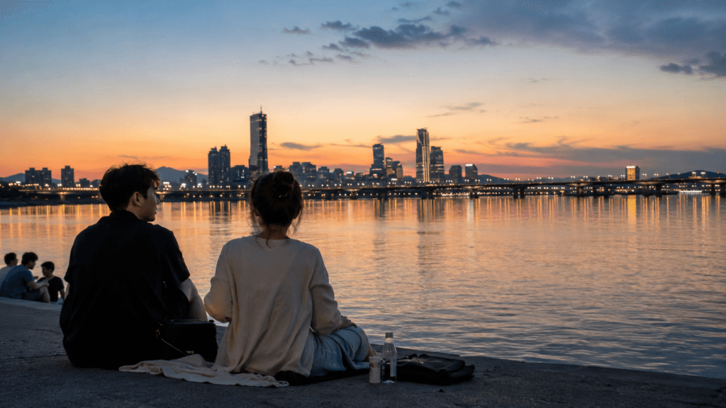 Travelers watching the sunset beside the Han River with the Seoul skyline