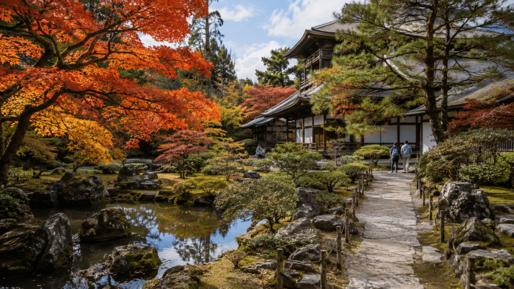 Autumn leaves surrounding a traditional temple garden in Kyoto