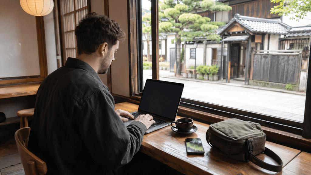 Traveler using a laptop and smartphone hotspot in a Japanese cafe