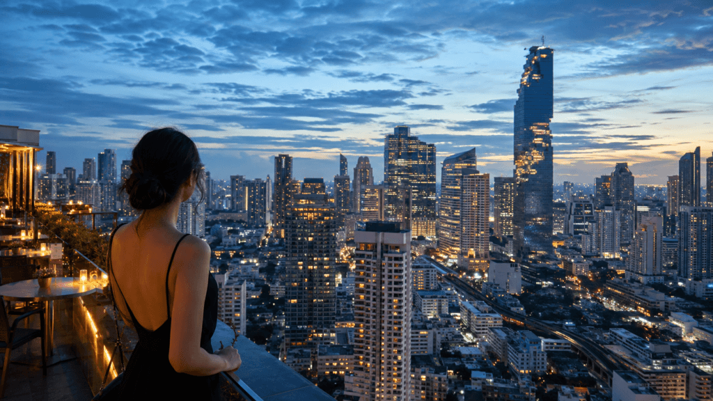 Traveler viewing the Bangkok skyline from a rooftop terrace at blue hour
