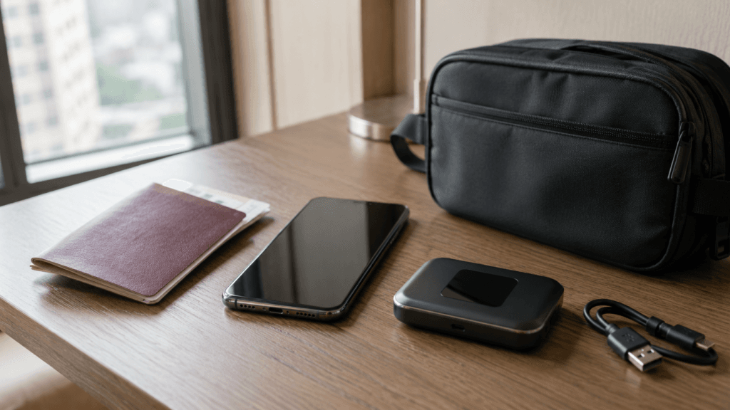 Smartphone and pocket Wi-Fi device prepared for a trip to Japan