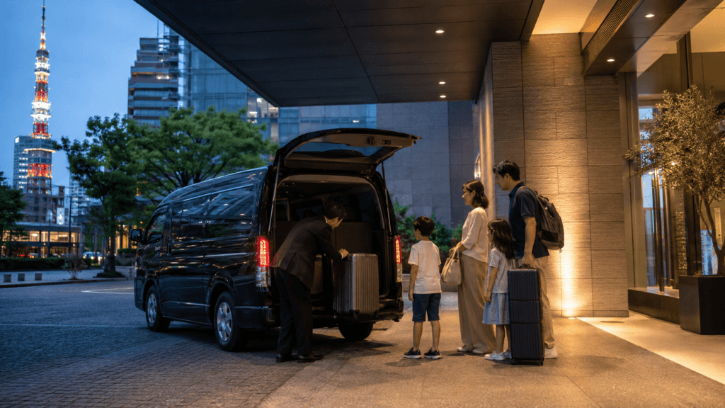 Private airport transfer unloading luggage outside a Tokyo hotel