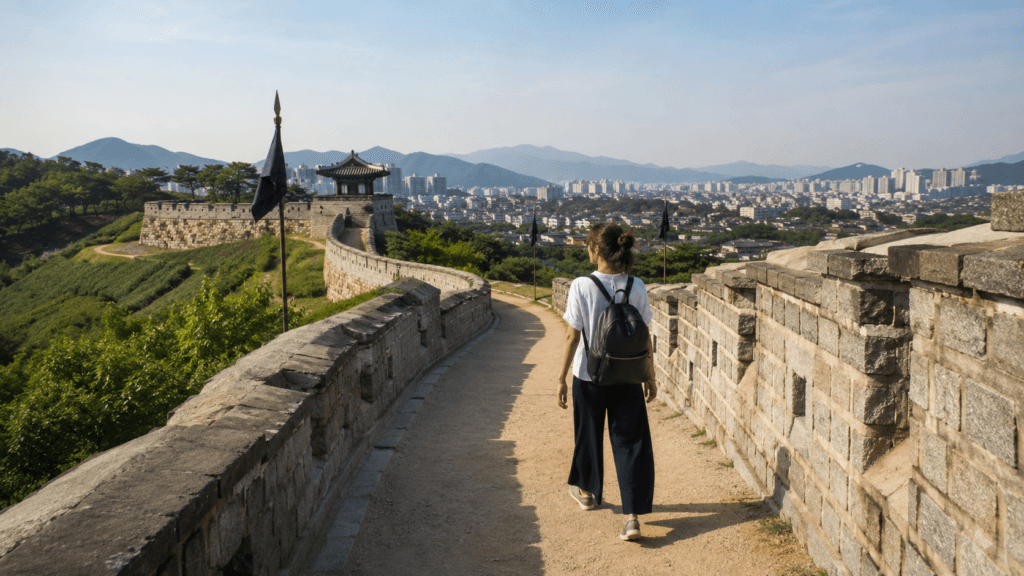 Traveler walking along Hwaseong Fortress during a day trip from Seoul