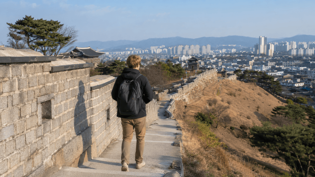 Traveler walking along Hwaseong Fortress during a day trip from Seoul