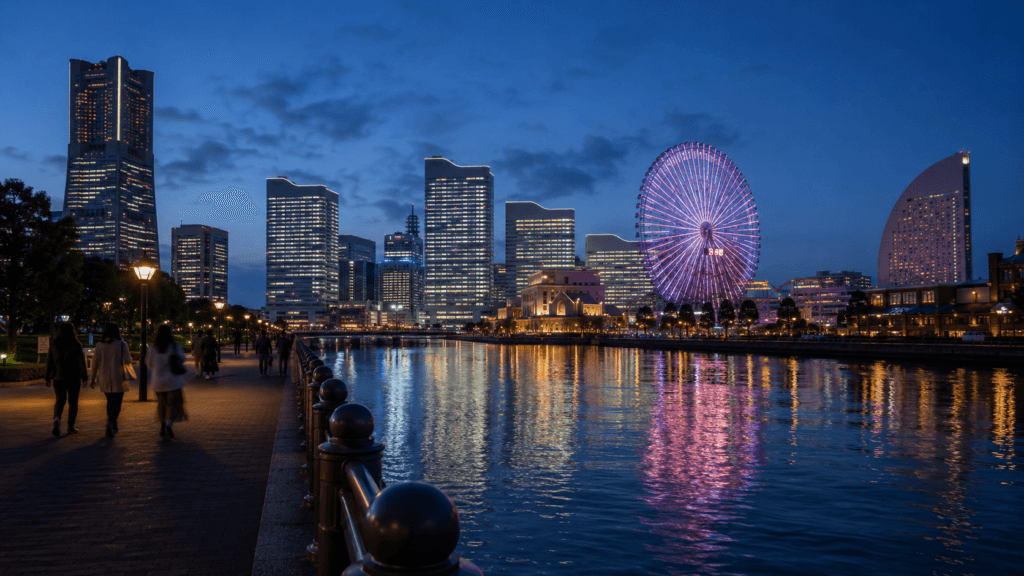 Yokohama Minato Mirai skyline and Ferris wheel reflected in the harbor at night