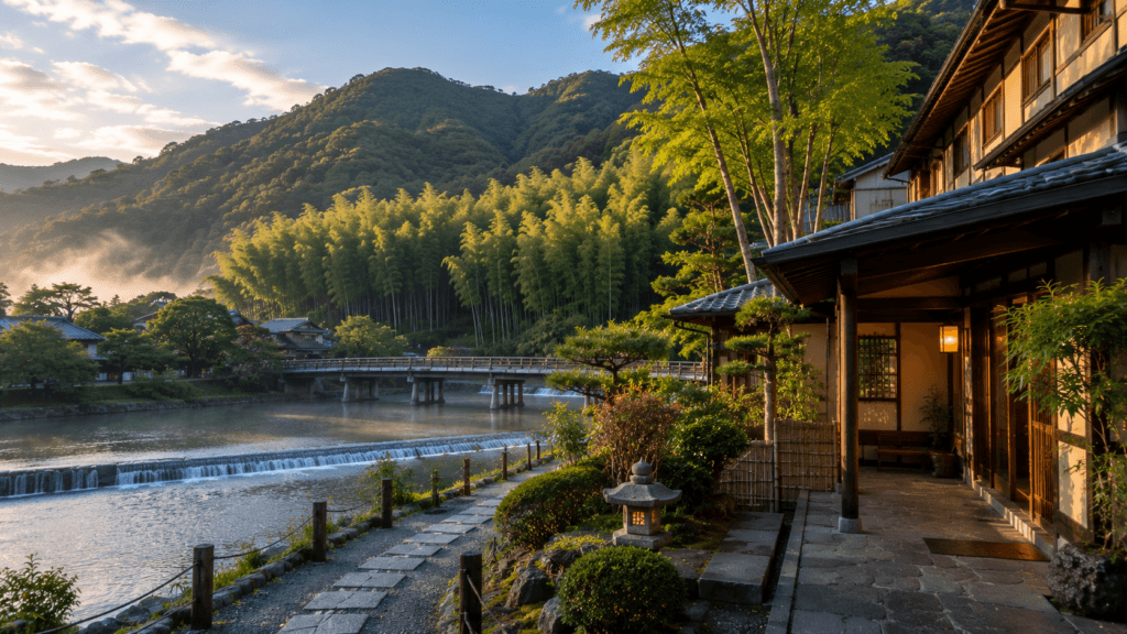 Arashiyama ryokan-style stay in Kyoto with river, bamboo grove, mountains and soft morning light