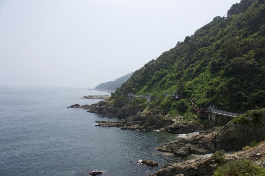 Travelers walking a coastal path above the sea in Busan