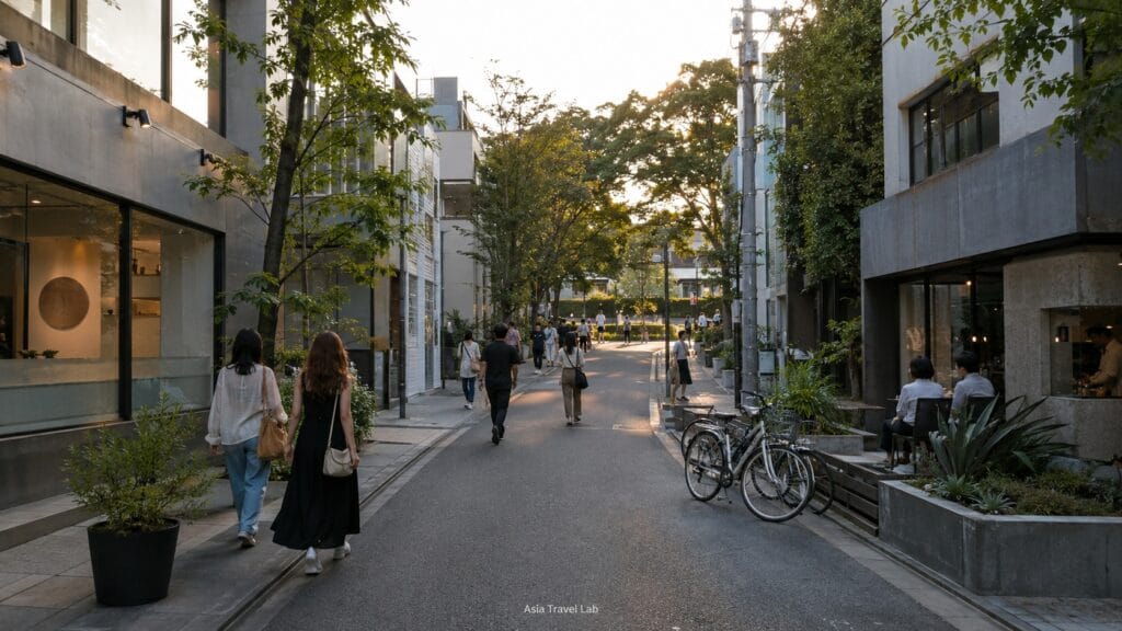 Calm Harajuku backstreet near Cat Street with boutiques, bicycles and late-afternoon light