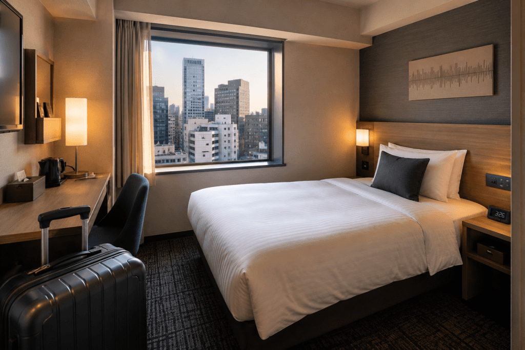 Compact modern Tokyo hotel room with suitcase and city view