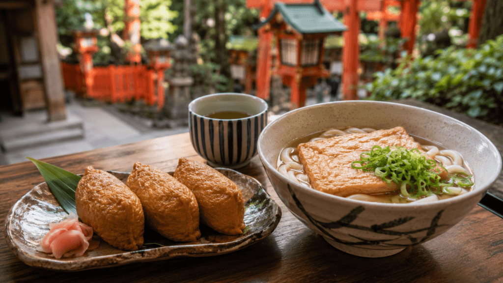 Inari sushi and kitsune udon served near Fushimi Inari shrine in Kyoto