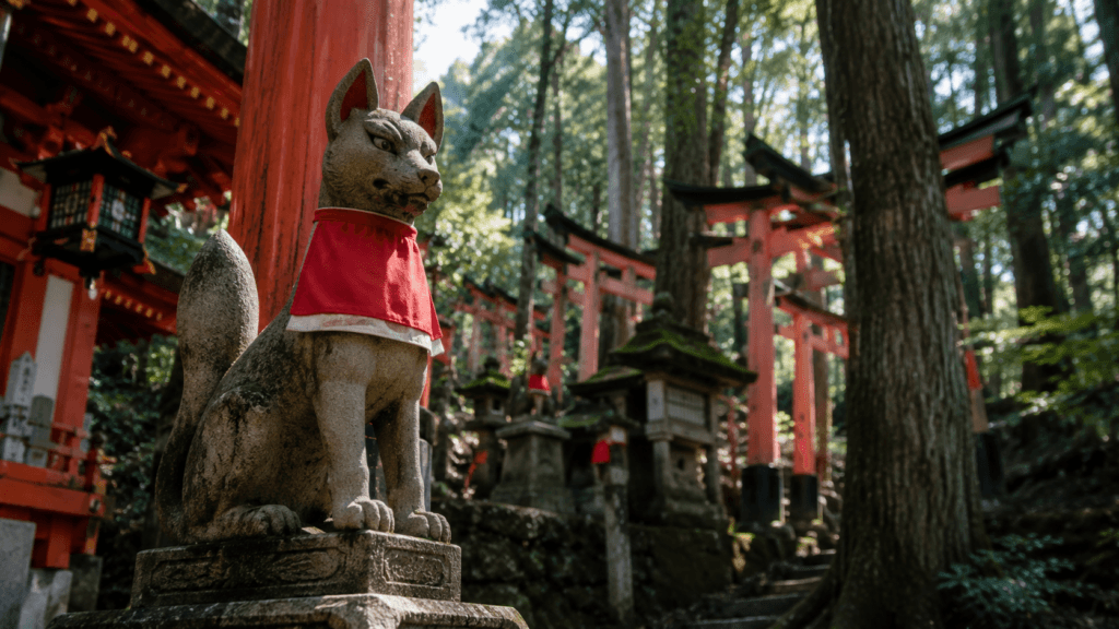 Stone fox statue at Fushimi Inari shrine with red torii gates and forest background in Kyoto