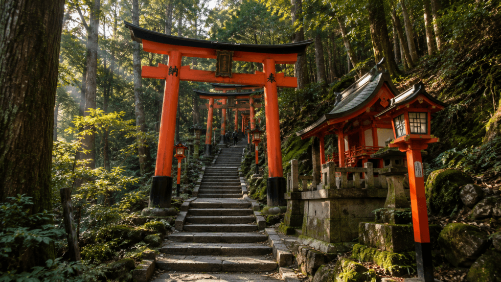 Quiet mountain shrine path at Fushimi Inari with red torii gates, stone steps and forest scenery