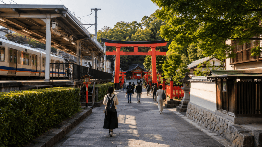 Travelers walking from a train station toward the shrine entrance at Fushimi Inari in Kyoto