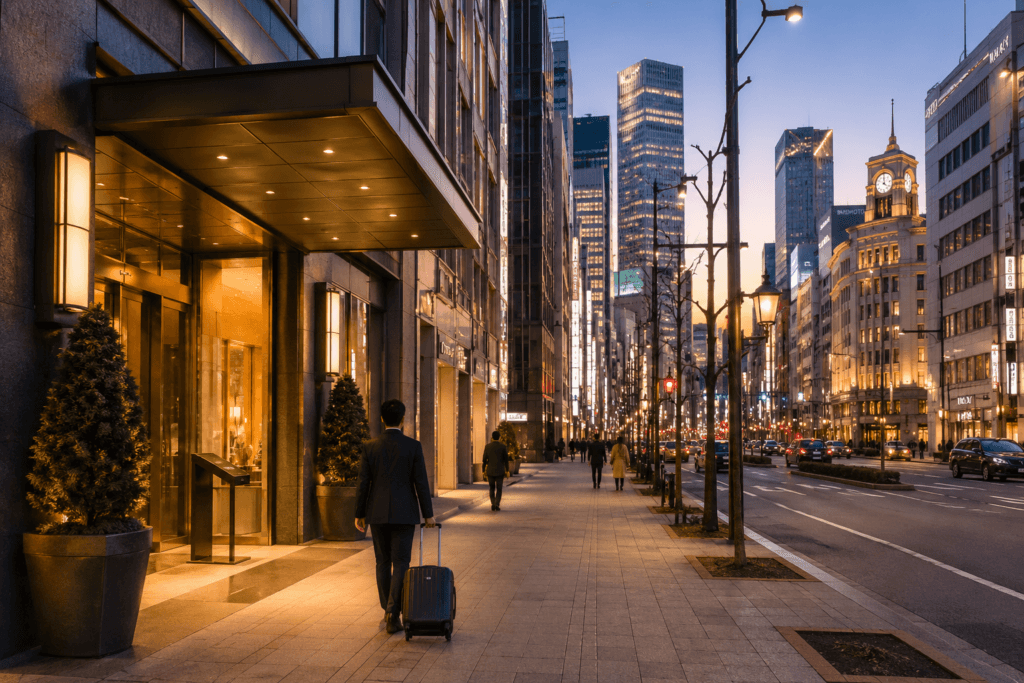 Elegant Tokyo hotel area near Ginza and Tokyo Station at dusk