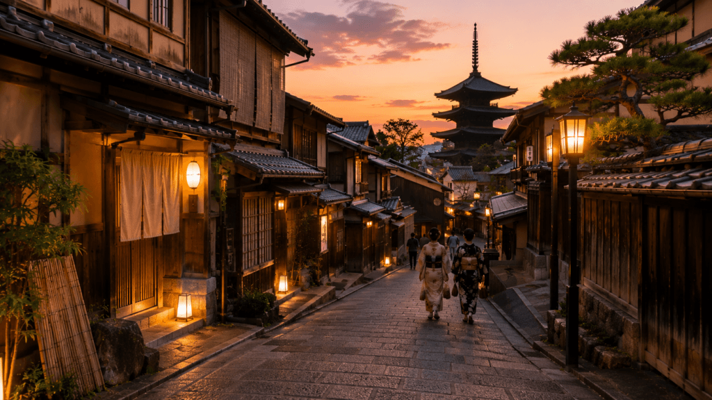 Traditional Gion and Higashiyama street in Kyoto at sunset with wooden buildings, lanterns and a distant pagoda