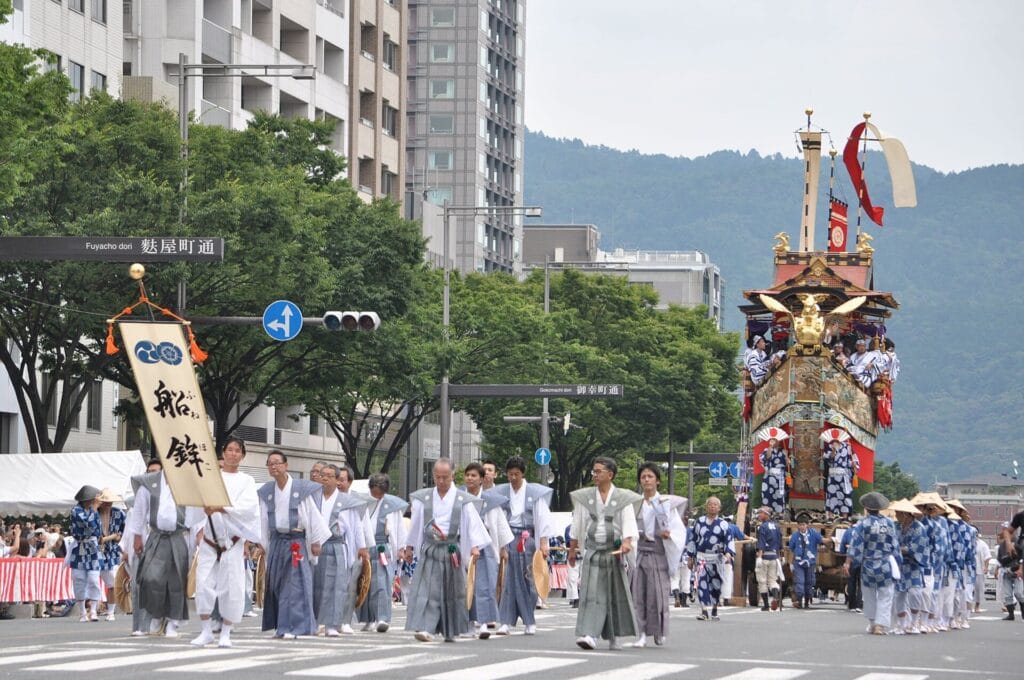 The Fune-hoko float moving through Kyoto during the 2017 Gion Matsuri procession