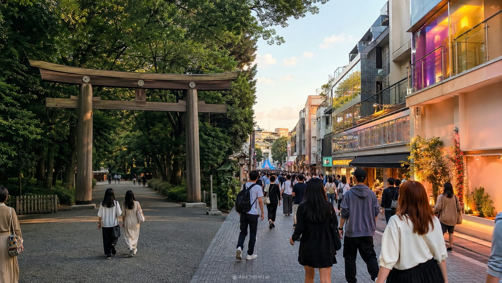 Harajuku contrast between a peaceful Meiji Shrine forest path and a lively Tokyo shopping street
