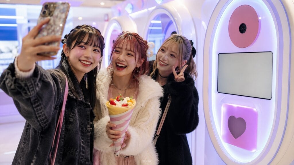 Friends taking a selfie near a purikura photo booth while enjoying a Harajuku crepe