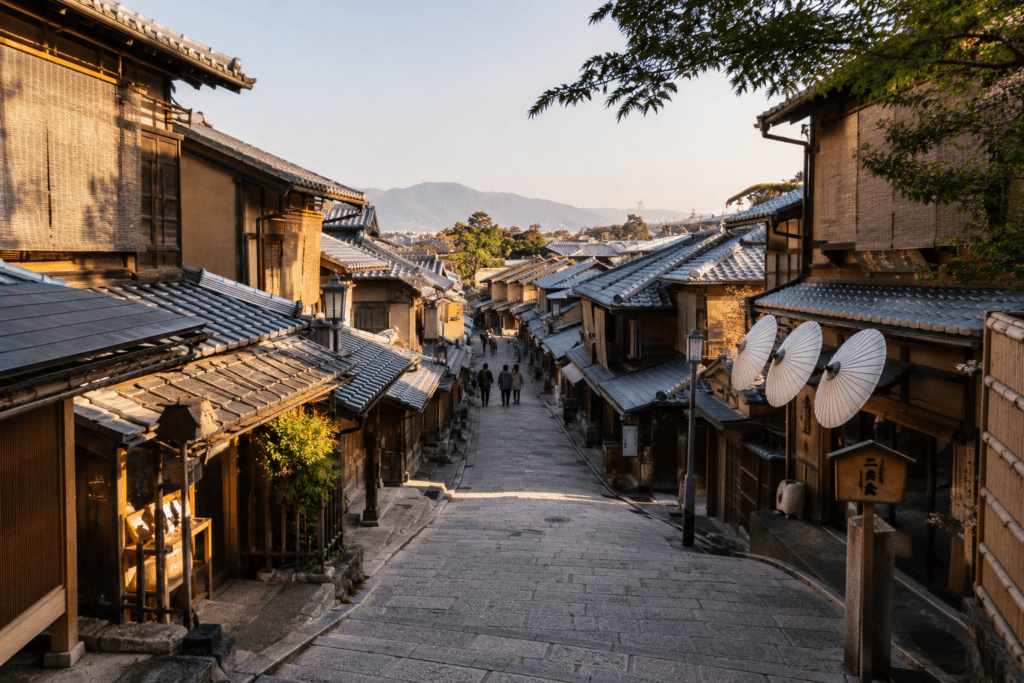 Higashiyama old streets in Kyoto with traditional wooden buildings and a quiet stone-paved slope