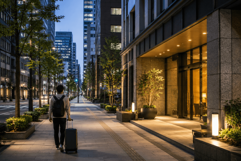 Quiet Osaka business district hotel street at twilight with a traveler pulling a suitcase past a warmly lit building entrance