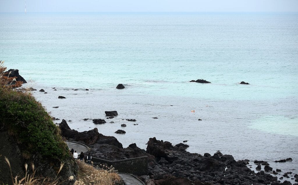 Travelers walking beside dark volcanic rocks on the Jeju coast