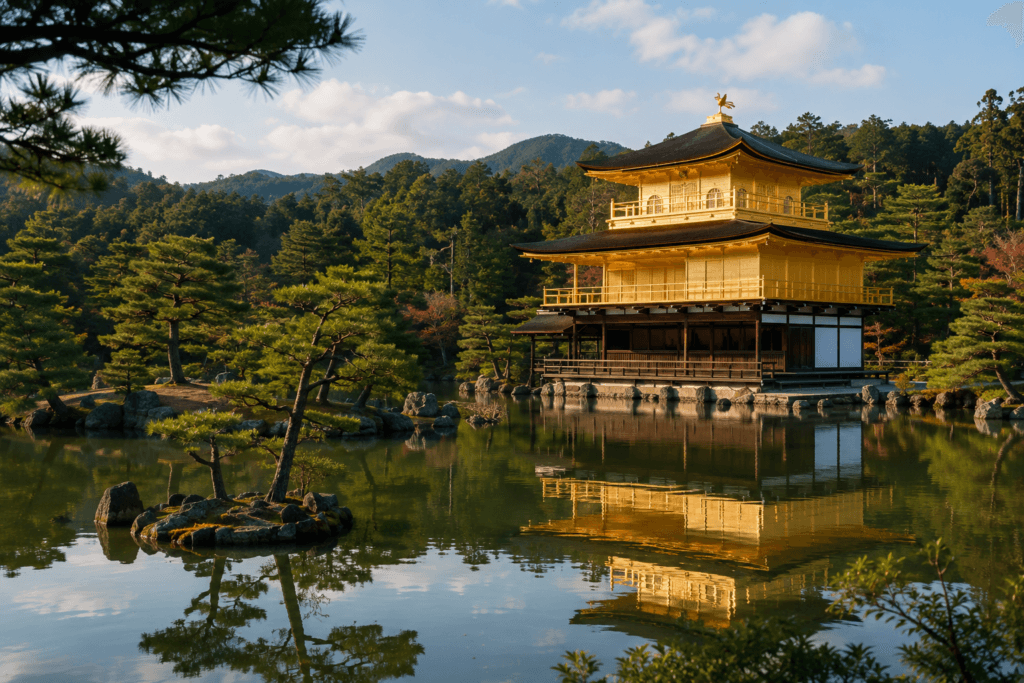 Kinkaku-ji Golden Pavilion in Kyoto reflected in a calm pond with trees and mountains behind