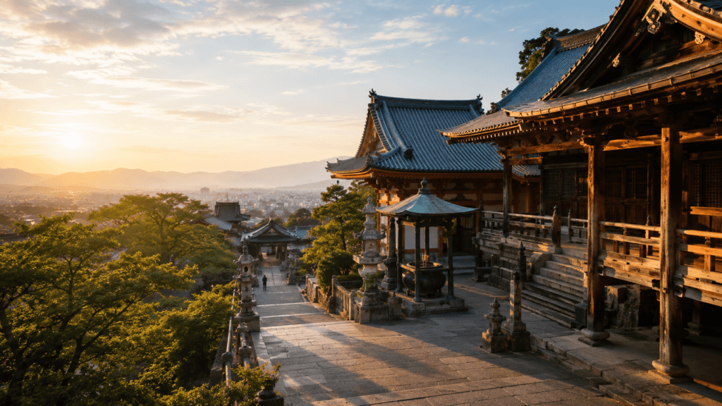 Morning view of Kiyomizu-dera temple buildings and stone paths in Kyoto