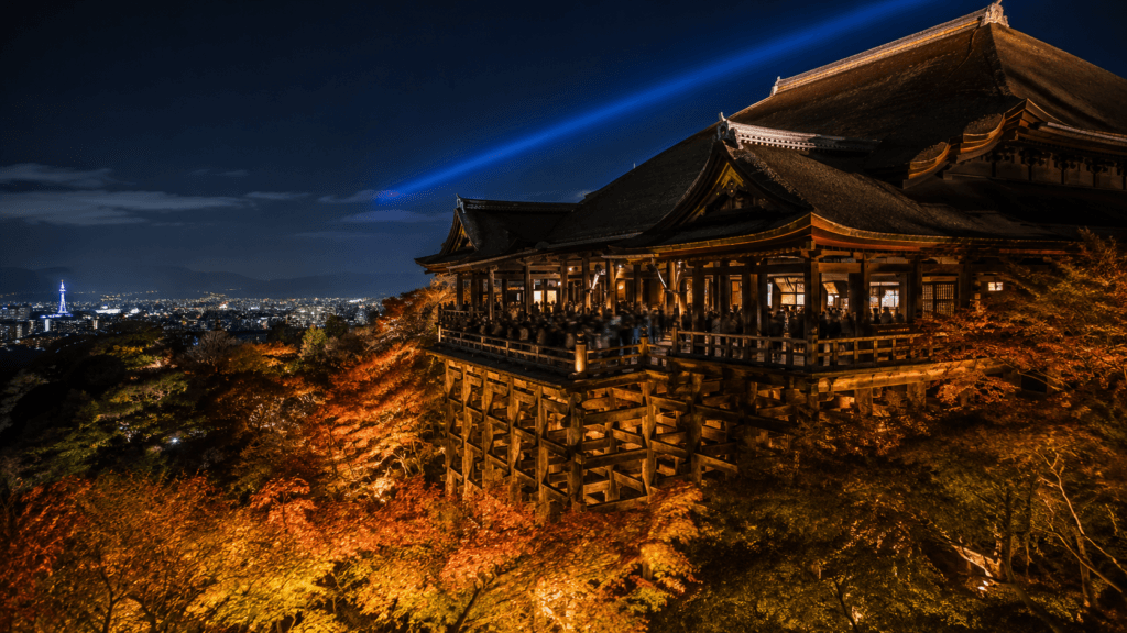 Kiyomizu-dera temple illuminated at night during special night viewing in Kyoto