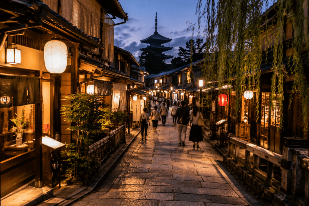 Kyoto evening street with warm lanterns, wooden buildings and travelers walking through a traditional dining area