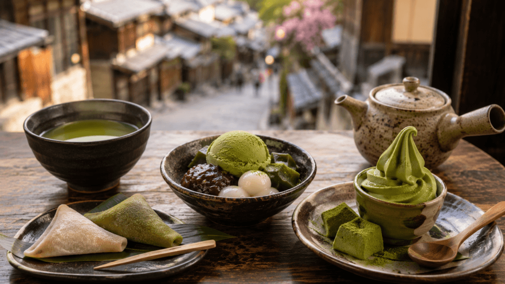 Matcha desserts, yatsuhashi sweets and tea served near Kiyomizu-dera in Kyoto