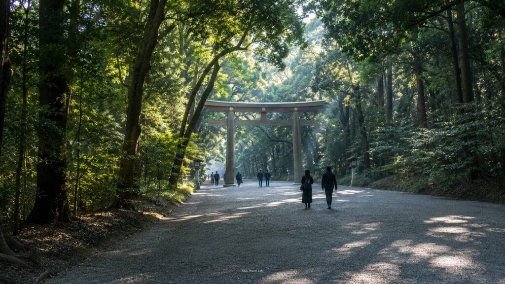 Peaceful forest approach to Meiji Shrine in Harajuku with a large wooden torii gate