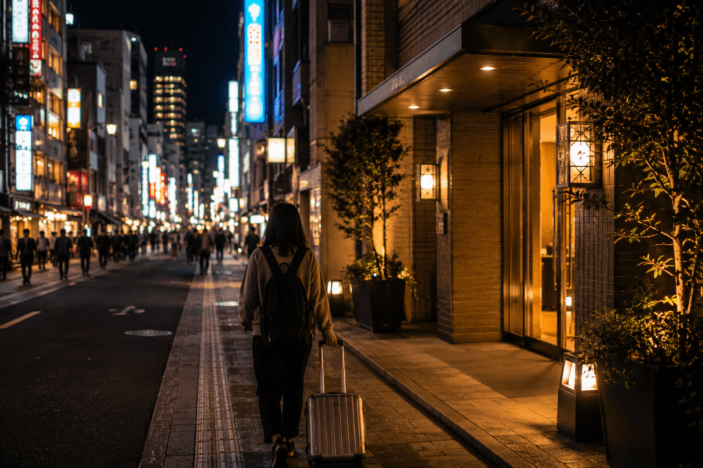 Traveler walking with a suitcase near a warm hotel entrance in Namba at night with blurred neon streets in the background