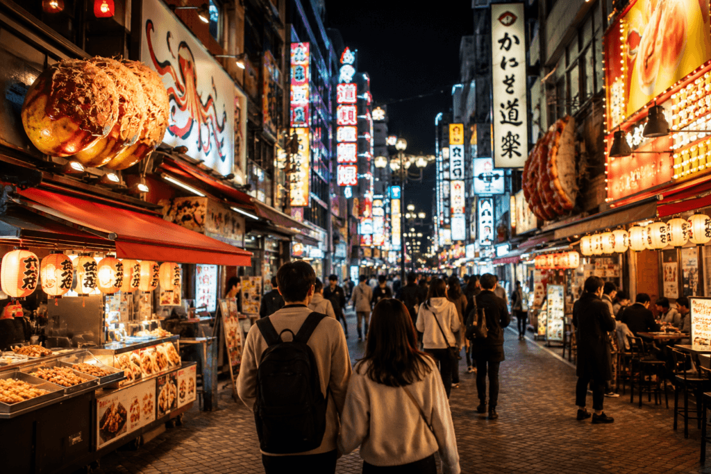 Busy Namba-style Osaka evening food street with glowing lights, food stalls, pedestrians and travelers walking through a lively nightlife area