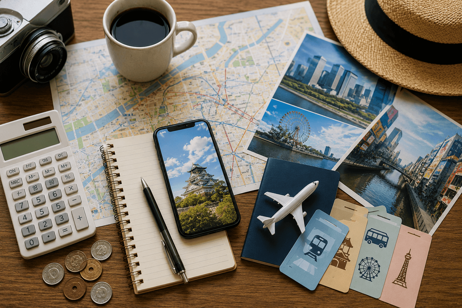 Osaka Amazing Pass travel planning flat lay with map, calculator, coins, coffee, camera, smartphone and sightseeing ticket cards