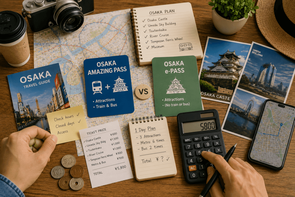 Osaka sightseeing pass comparison planning scene with calculator, map, coins, camera, notebook and two pass-style cards