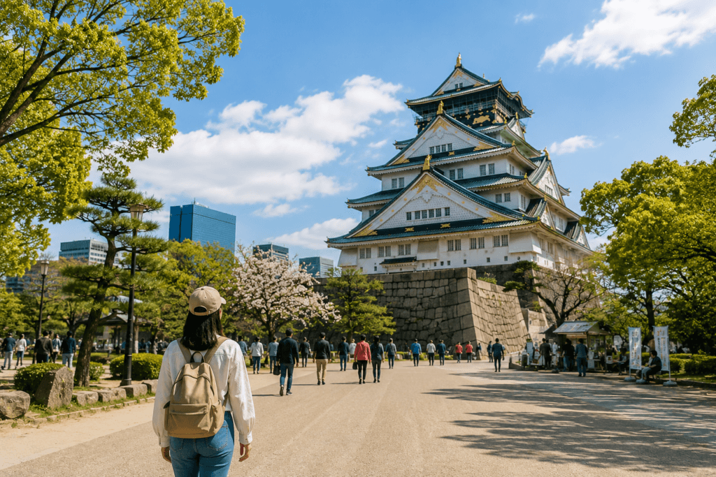Osaka Castle on a sunny day with travelers walking through the park toward the castle