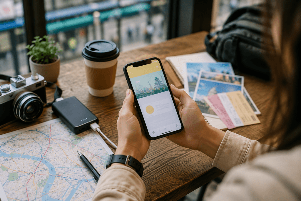 Traveler checking a digital sightseeing pass on a smartphone at a cafe table with map, camera, coffee, power bank and travel papers