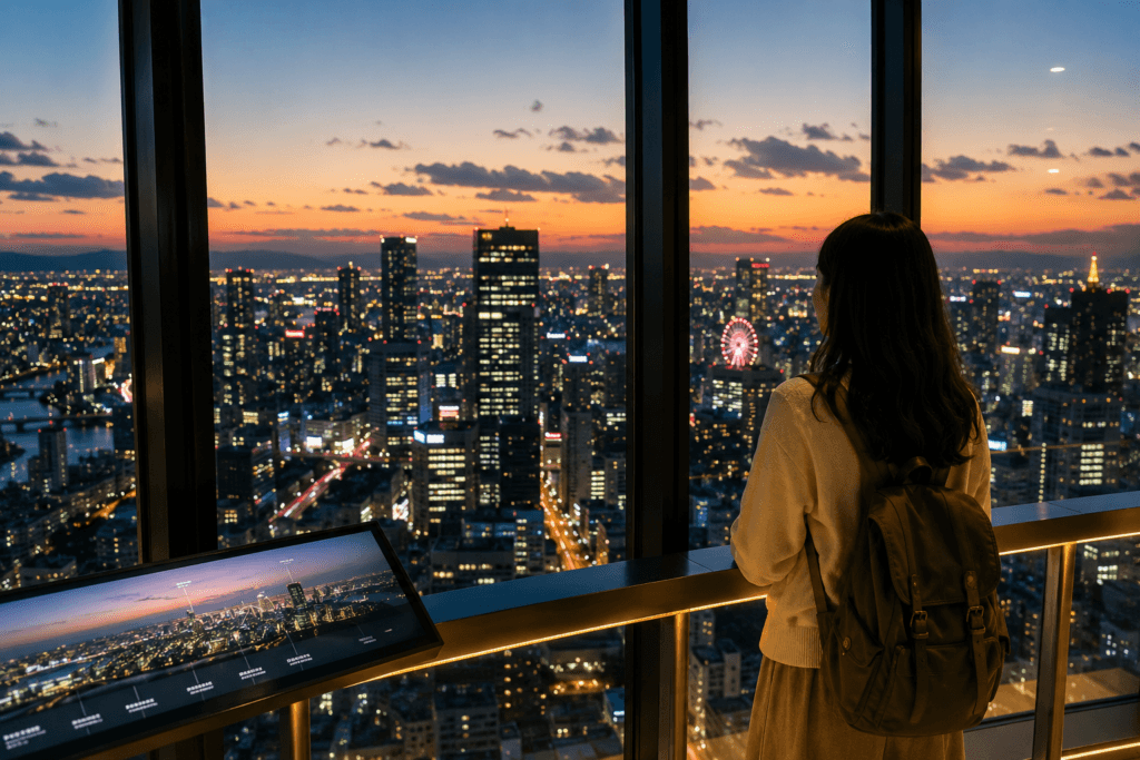 Traveler looking out over Osaka city lights from an indoor observation deck at sunset