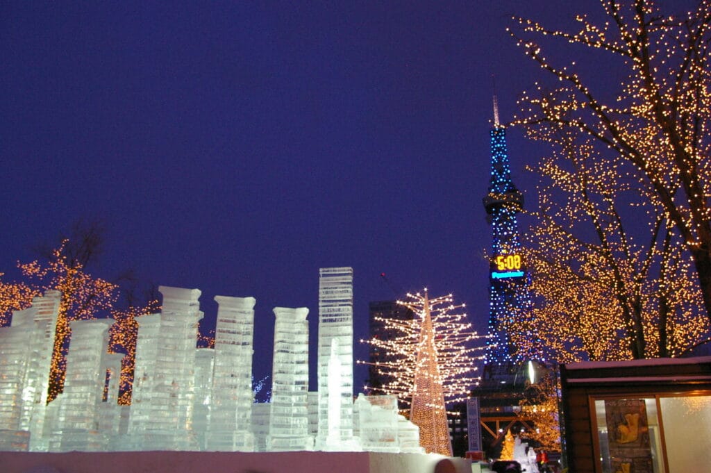 An ice sculpture and winter lights at the Sapporo Snow Festival in February 2007