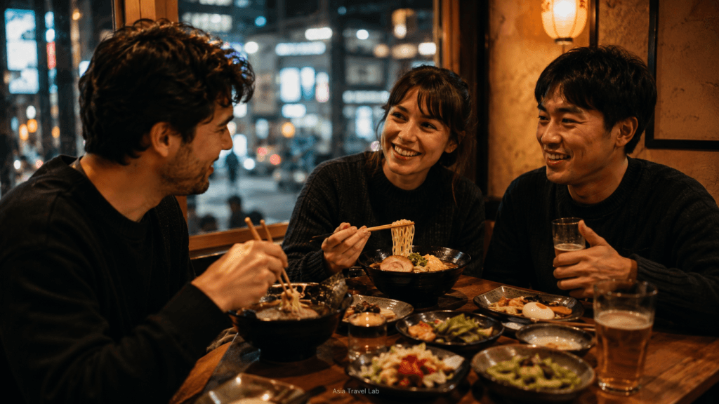 Travelers enjoying ramen and izakaya-style dishes in Shibuya after sightseeing