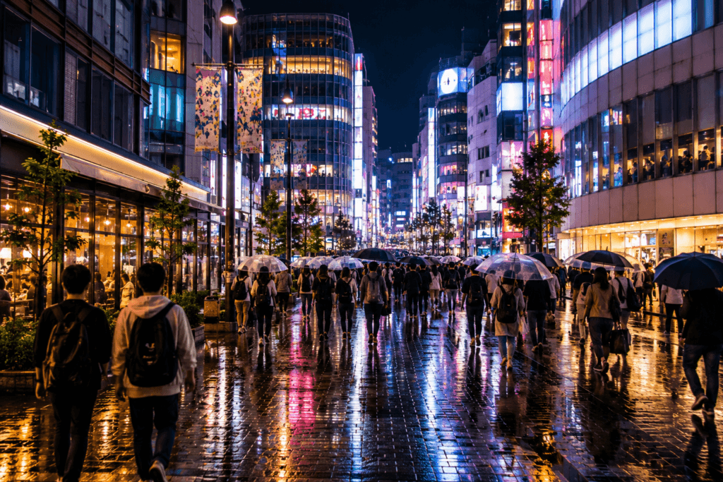 Lively Shibuya-style night street in Tokyo with crowds, umbrellas and rain reflections
