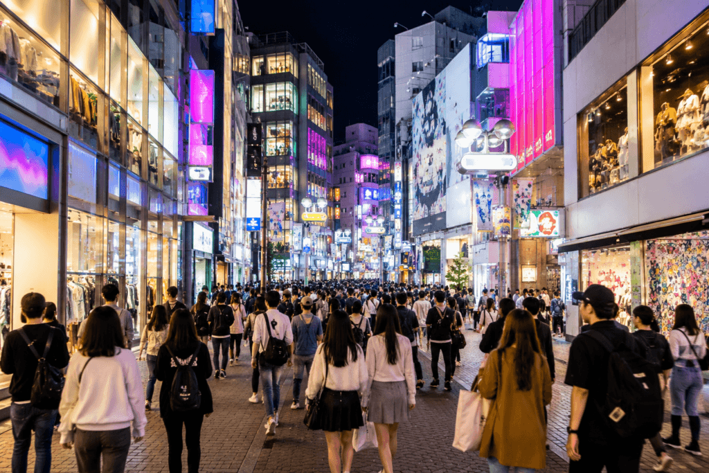 Busy Shibuya-style shopping street at night with fashion stores, crowds and pop culture atmosphere