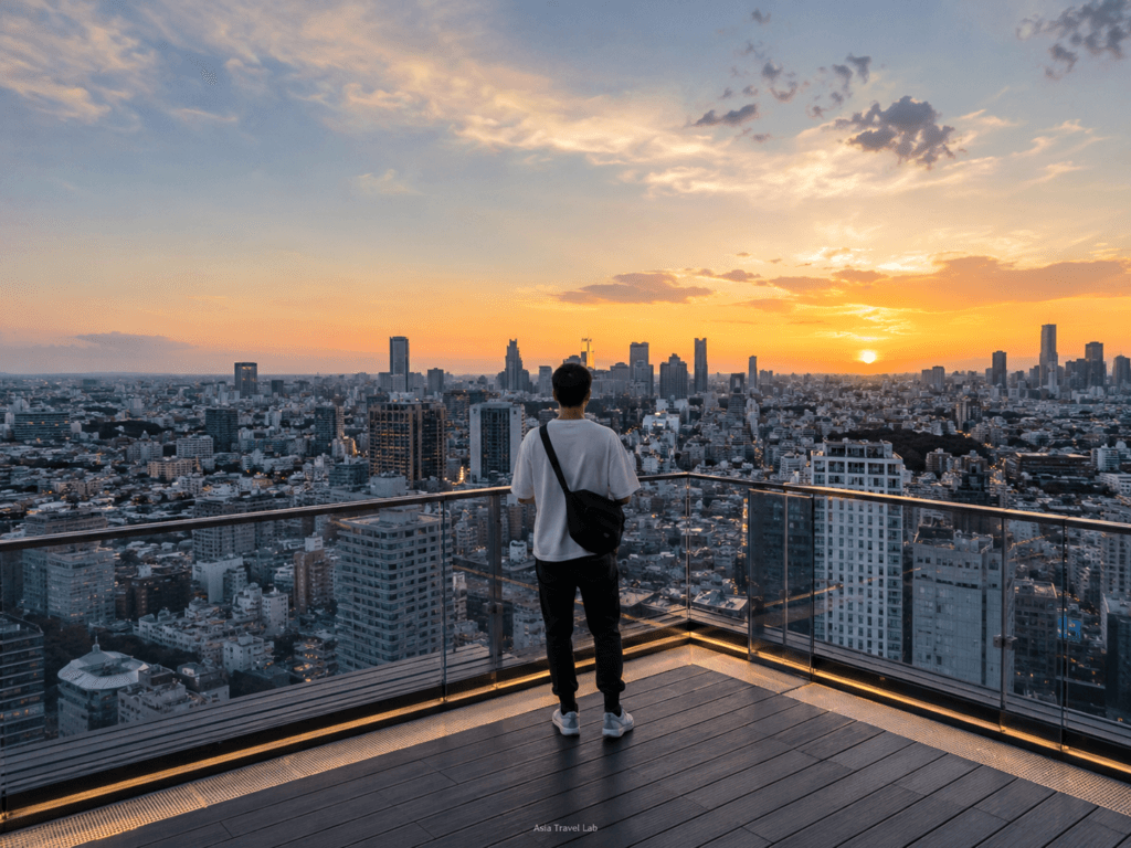 Traveler looking over the Tokyo skyline from a rooftop observation deck in Shibuya at sunset