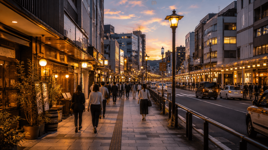 Shijo Kawaramachi area in Kyoto at dusk with warm lights, shops and travelers walking along the street